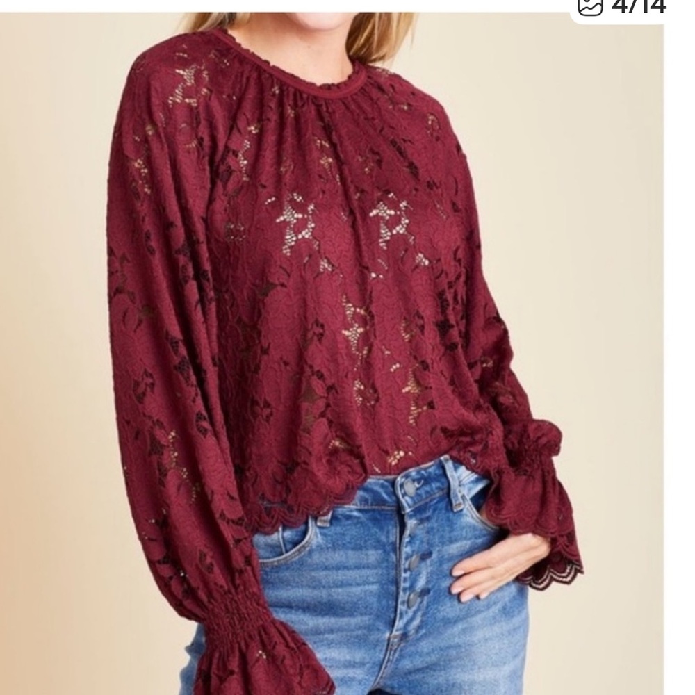Free People Olivia Balloon Sleeve Wine Maroon Lace Blouse Size Small